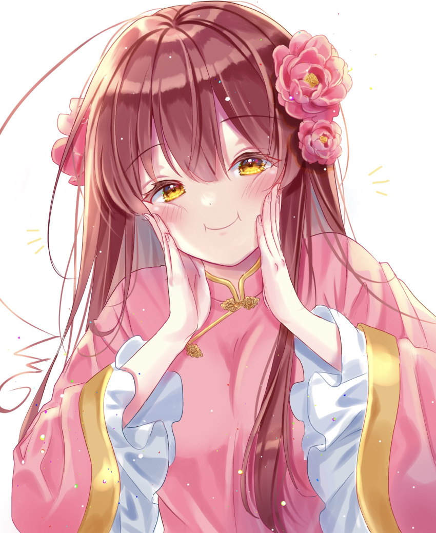 1girl, :i, ahoge, axis_powers_hetalia, brown_hair, cheek_squash, chinese_clothes, closed_mouth