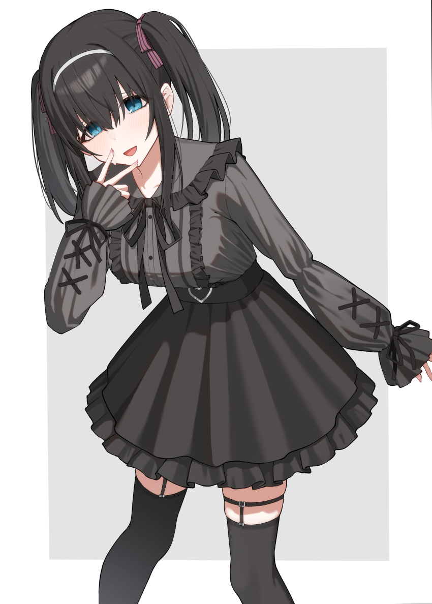 1girl, absurdres, black_bow, black_bowtie, black_hair, black_ribbon, black_shirt, black_skirt
