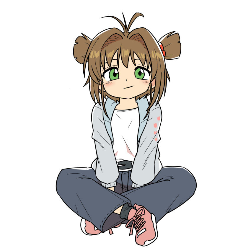 1girl, antenna_hair, belt, between_legs, blue_jacket, blue_panties, brown_hair, cardcaptor_sakura