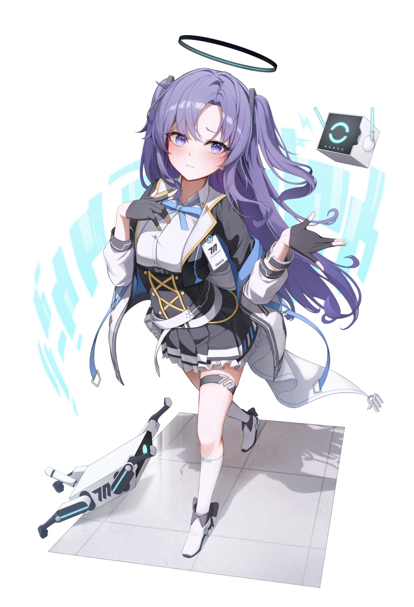 1girl, absurdres, black_gloves, black_skirt, blue_archive, blush, closed_mouth, collared_shirt, drone, fingerless_gloves, frilled_skirt, frills, full_body, gloves, halo, highres, kneehighs, long_hair, long_sleeves, looking_at_viewer, mechanical_halo, oar_21, pleated_skirt, purple_hair, shirt, shoes, simple_background, skirt, socks, solo, thigh_strap, two_side_up, violet_eyes, white_background, white_footwear, white_shirt, white_socks, yuuka_(blue_archive)