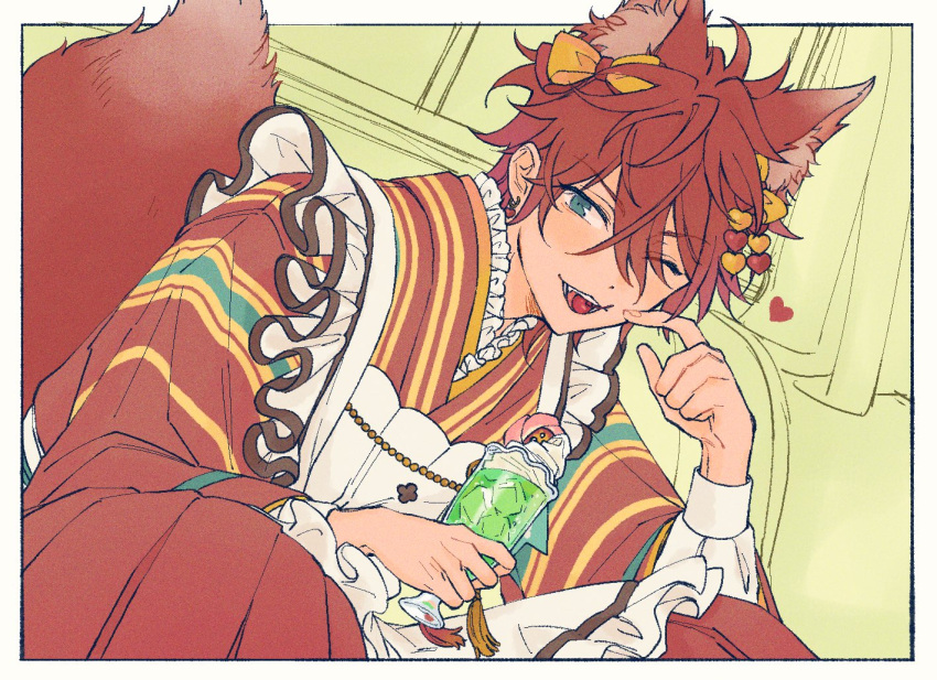 1boy, amagi_rinne, animal_ears, apron, blue_eyes, cocktail_glass, cosplay, cup