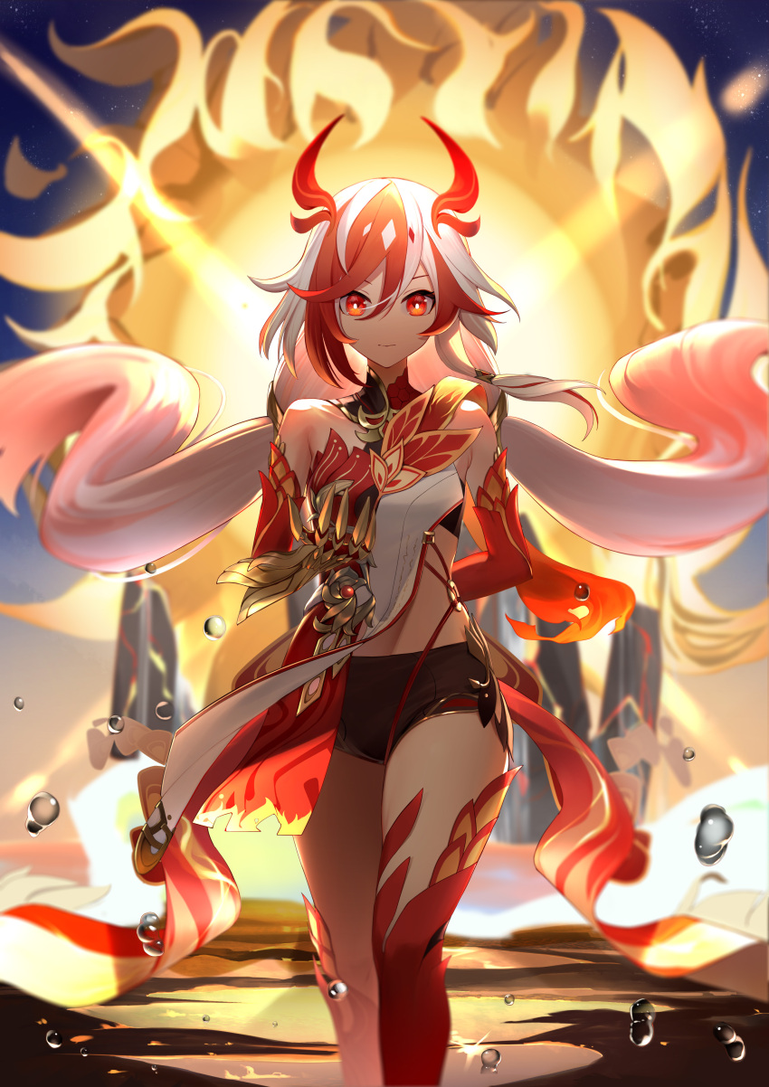 1girl, absurdres, animal_hands, arm_behind_back, bare_shoulders, black_shorts, black_sports_bra, chinese_clothes, claws, closed_mouth, detached_sleeves, elbow_gloves, eyeliner, fire, fu_hua, fu_hua_(fenghuang_of_vicissitude), gloves, hair_between_eyes, highres, honkai_(series), honkai_impact_3rd, long_hair, low-tied_long_hair, low_twintails, makeup, multicolored_hair, red_eyeliner, red_eyes, red_gloves, red_rope, red_scales, red_thighhighs, redhead, rope, short_shorts, shorts, single_thighhigh, solo, sports_bra, sportswear, streaked_hair, symbol-shaped_pupils, tail, thigh-highs, thighs, twintails, two-tone_hair, water_drop, white_hair, yellow_pupils, zheng_yu_qi_sheng