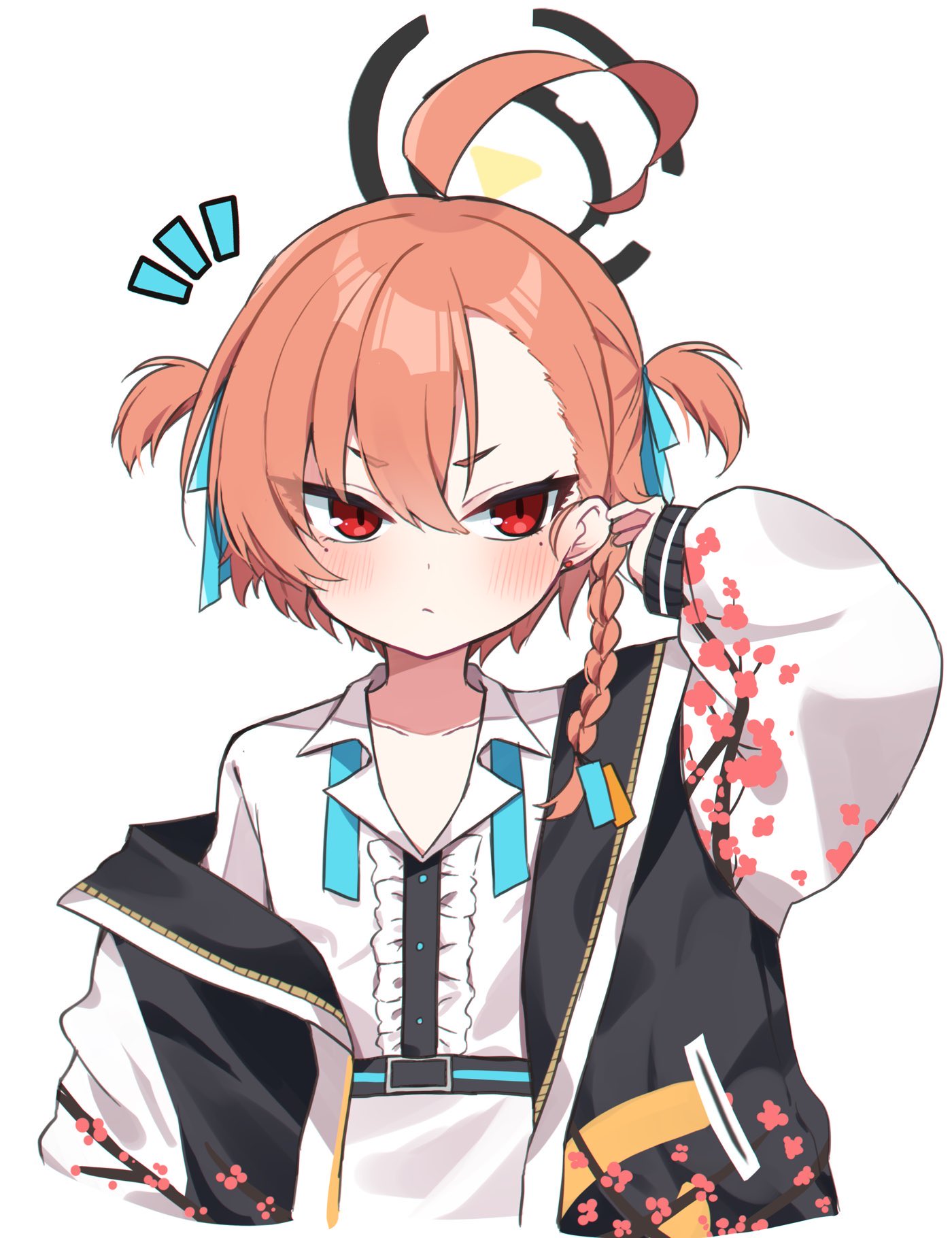 1girl, ahoge, blue_archive, bluhs, braid, center_frills, closed_mouth, collarbone, collared_shirt, frills, hair_between_eyes, halo, highres, huge_ahoge, jacket, long_sleeves, mole, mole_under_each_eye, mole_under_eye, multiple_moles, murase48, neru_(blue_archive), open_clothes, open_jacket, orange_hair, red_eyes, shirt, short_hair, short_twintails, simple_background, single_braid, solo, sukajan, twintails, upper_body, white_background, white_shirt