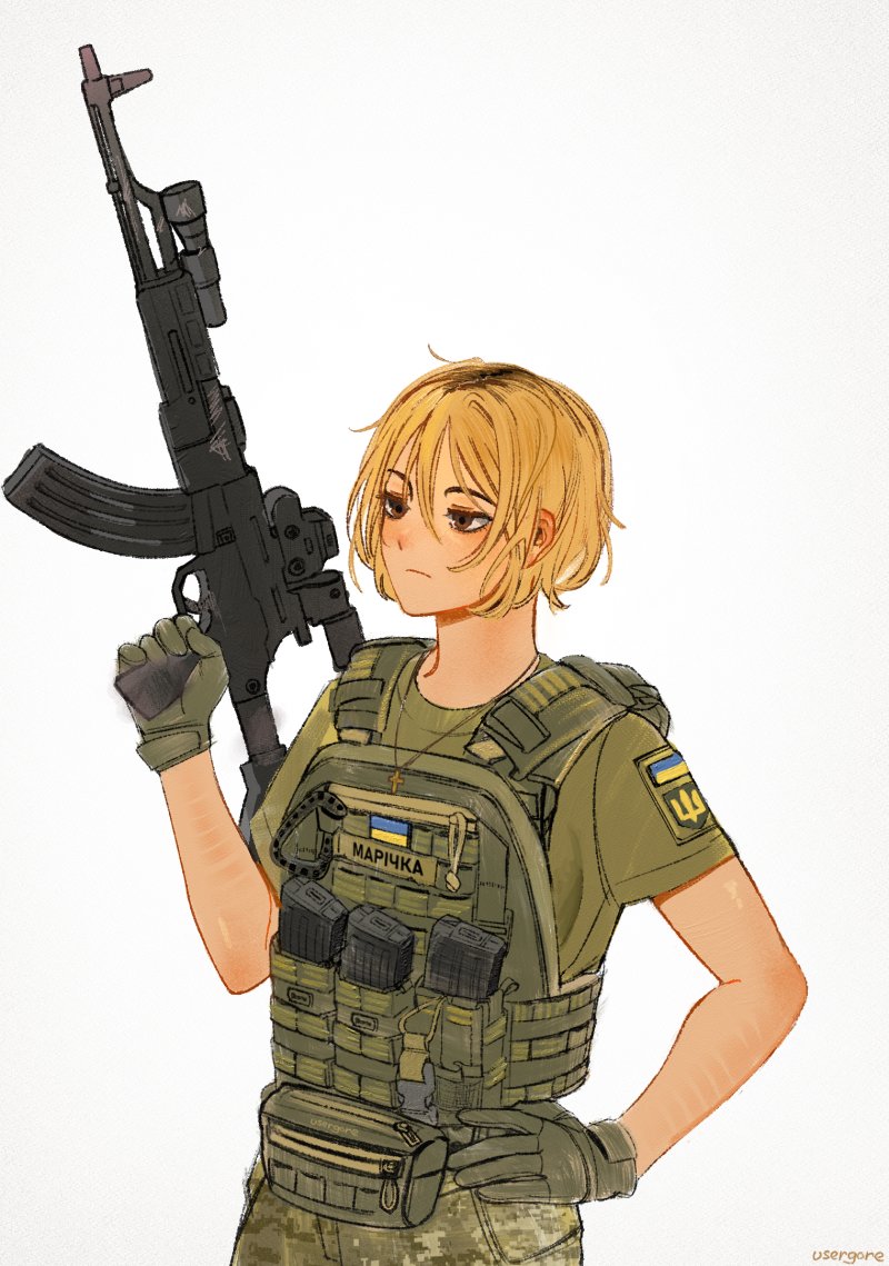 armor, assault_rifle, blonde_hair, brown_eyes, bulletproof_vest, camouflage, cross, flashlight