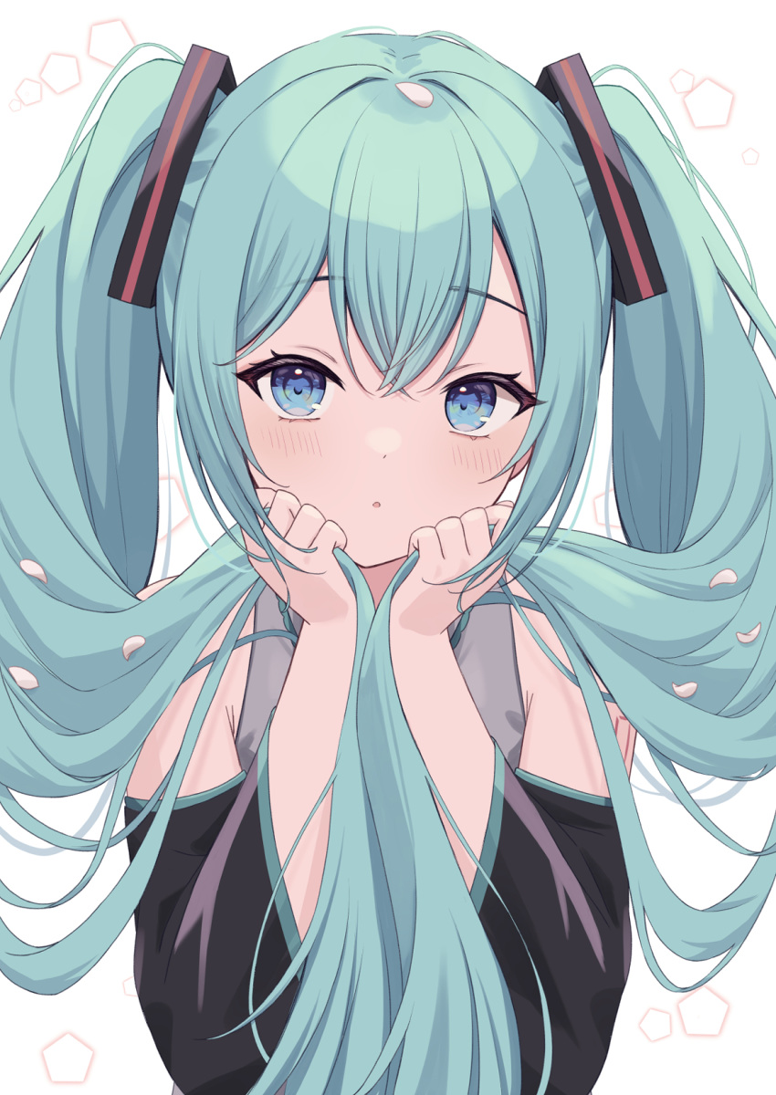 1girl, bare_shoulders, black_sleeves, blue_eyes, blush, commentary, crossed_bangs, detached_sleeves, expressionless, eyelashes, green_hair, hair_between_eyes, hands_up, hatsune_miku, highres, holding, holding_hair, kamachi_(kamati0maru), long_hair, looking_at_viewer, parted_lips, simple_background, solo, tsurime, twintails, twintails_day, upper_body, very_long_hair, vocaloid, white_background, wide_sleeves