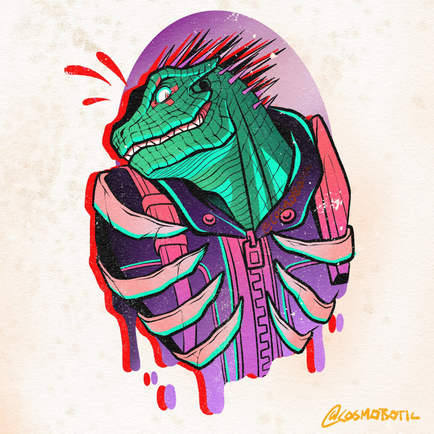 1boy, animal_head, caiman_(dorohedoro), cropped_torso, csmbtc, dorohedoro, green_scales, grin