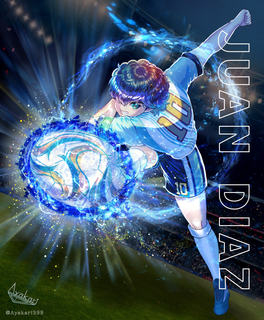 1boy, absurdres, artist_name, ayakari399, ball, black_shorts, captain_tsubasa, character_name