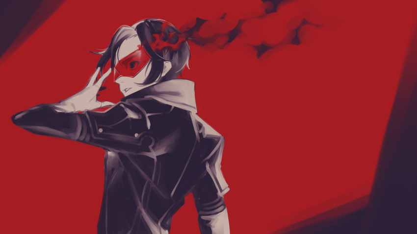 1boy, absurdres, black_jacket, commentary, from_side, gloves, hand_up, highres