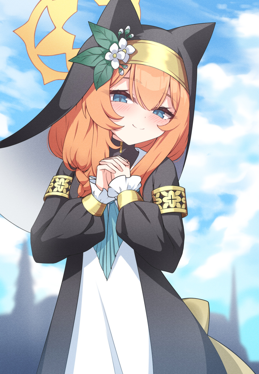 1girl, blue_archive, blue_eyes, blue_sky, blurry, blurry_background, blush, braid