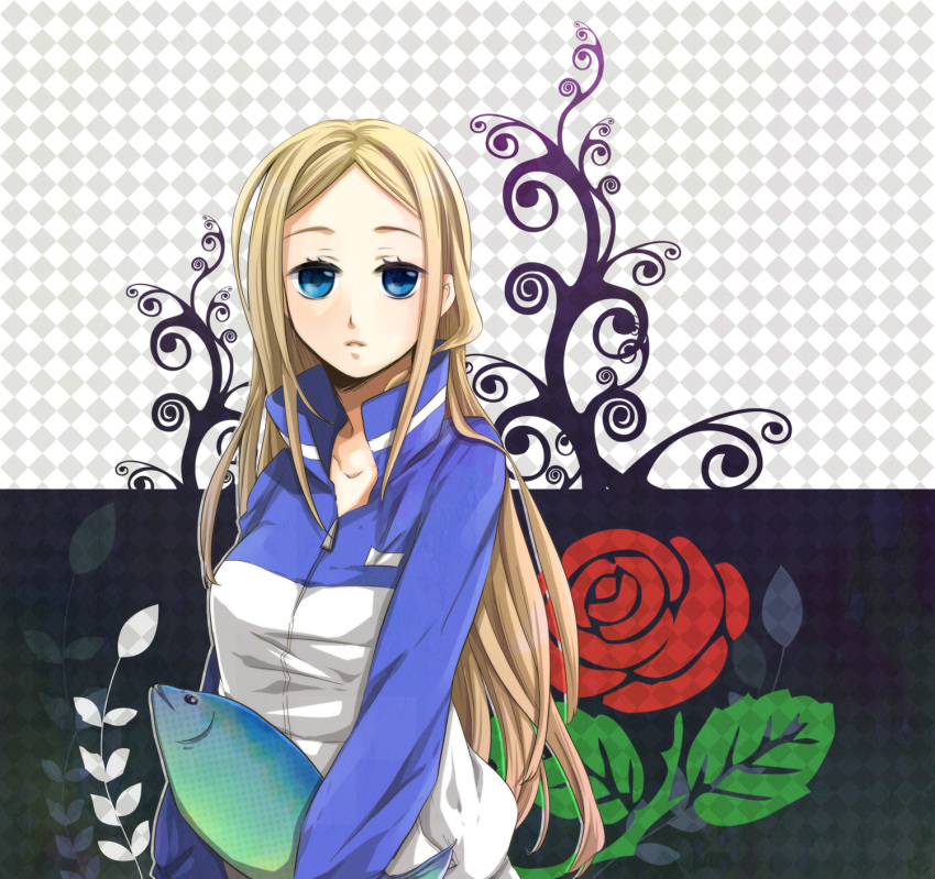 blonde_hair, blue_eyes, breasts, fish, flower, goma-meso, highres, long_hair