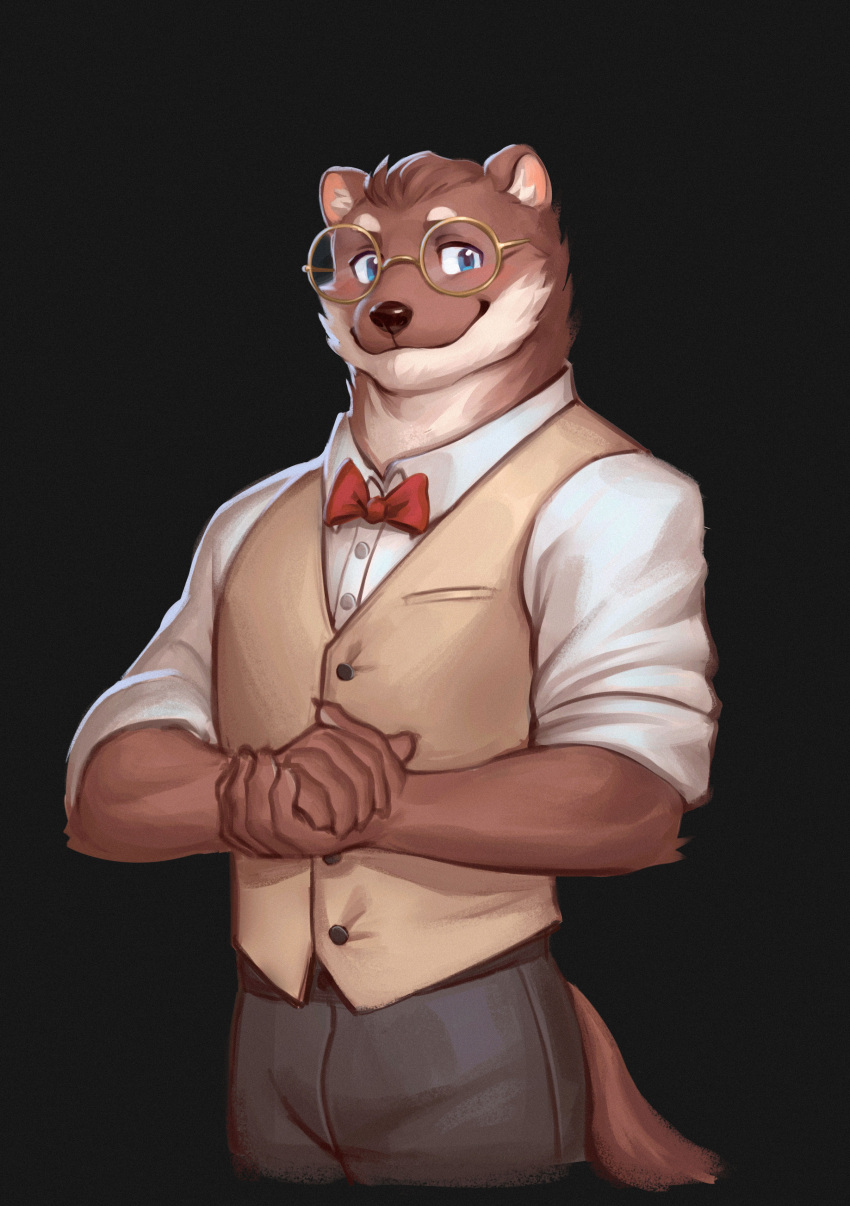 1boy, absurdres, animal_ears, black_background, black_pants, blue_eyes, blush, bow