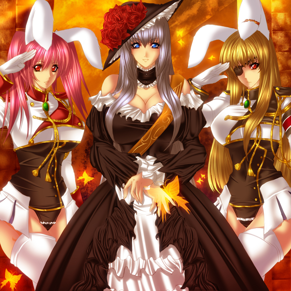 absolutely_ridiculous, animal_ears, blonde_hair, blue_eyes, breasts, bunny_ears, butterfly, choker