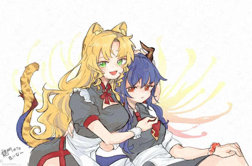 2girls, :3, alternate_costume, animal_ear_fluff, animal_ears, apron, arknights, arm_around_waist