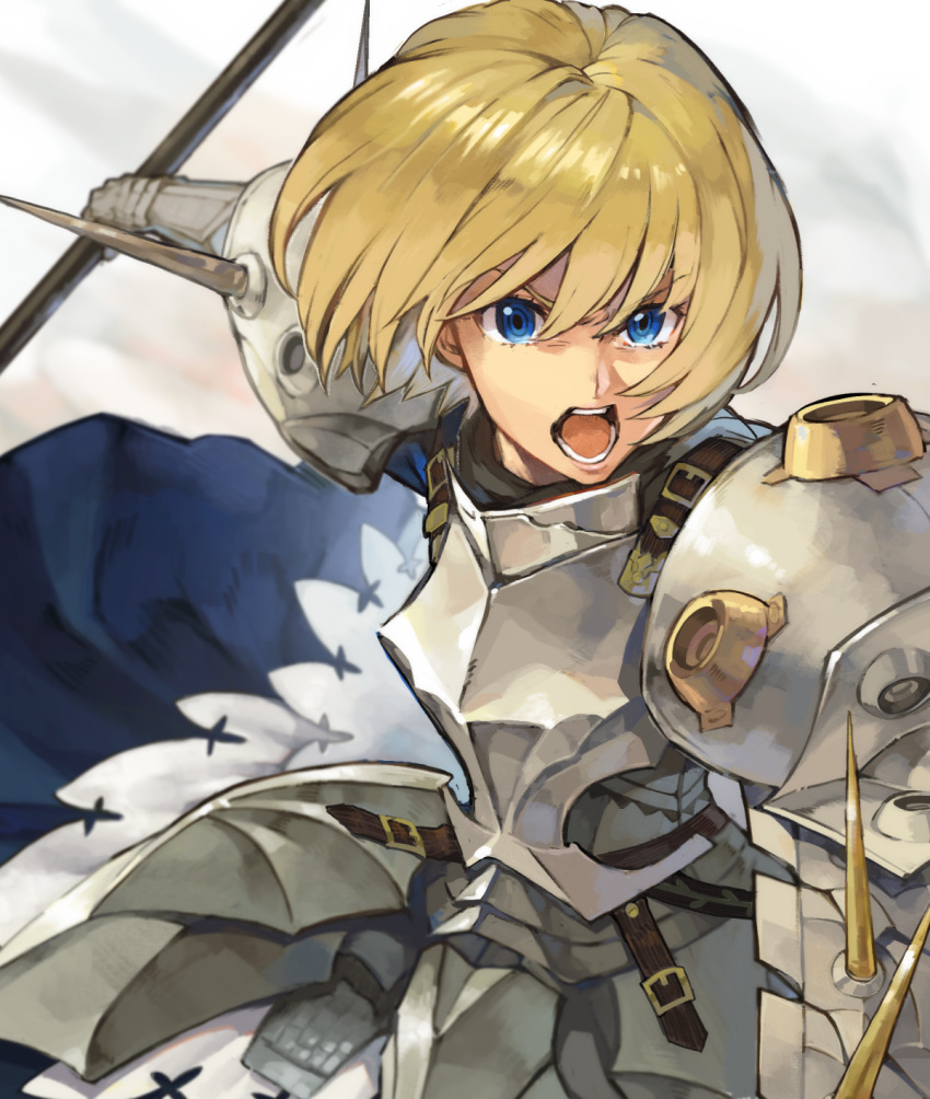 1girl, armor, armored_dress, blonde_hair, blue_dress, blue_eyes, bob_cut, breastplate, dress, goeppe, hair_between_eyes, highres, open_mouth, phalanx_(sekaiju), phalanx_2_(sekaiju), pike_(weapon), sekaiju_no_meikyuu, sekaiju_no_meikyuu_3, short_hair, solo, spiked_armor, strap, swept_bangs, upper_body