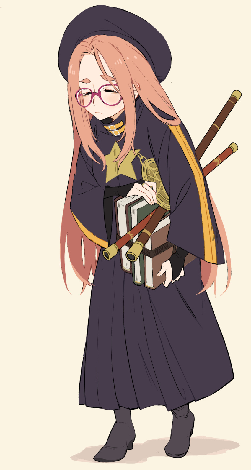 1girl, beret, black_dress, book, closed_eyes, dress, exhausted, full_body