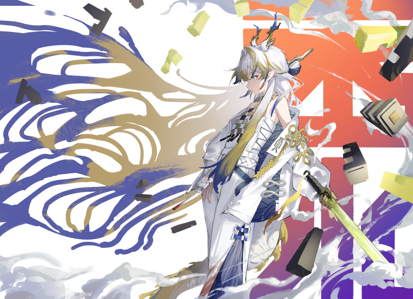 1girl, absurdres, arknights, bare_shoulders, blue_eyes, blue_hair, breasts, chinese_commentary