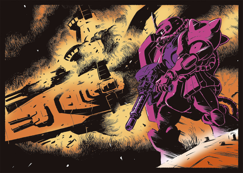 commentary_request, energy_cannon, gun, gundam, holding, holding_gun, holding_weapon, horns