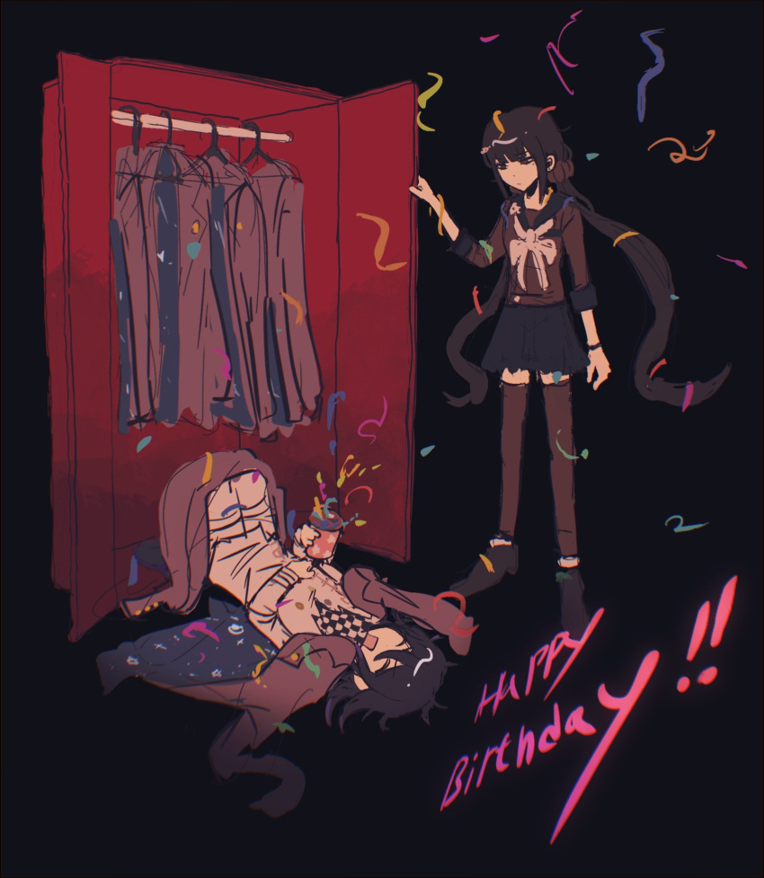 1boy, 1girl, :d, black_hair, black_skirt, bow, bowtie, checkered_clothes