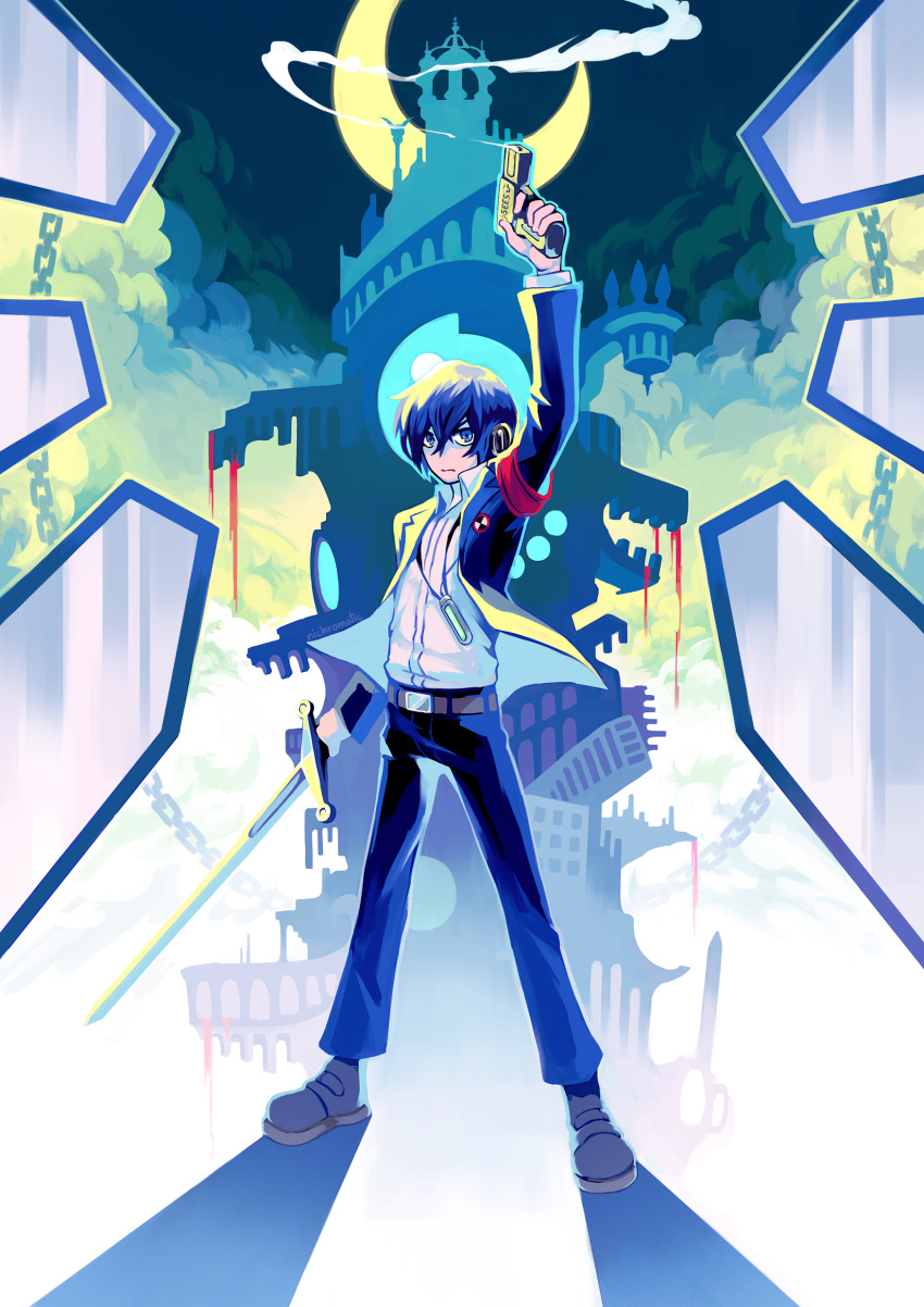 1boy, absurdres, belt, black_pants, black_suit, blue_hair, building, closed_mouth, coffin, commentary, crescent_moon, english_commentary, full_body, gun, headphones, highres, holding, holding_gun, holding_sword, holding_weapon, mixed-language_commentary, moon, nichromatic, night, night_sky, pants, persona, persona_3, persona_3_reload, shirt, short_hair, sky, solo, standing, suit, sword, tartarus, weapon, white_shirt, yuuki_makoto_(persona_3)