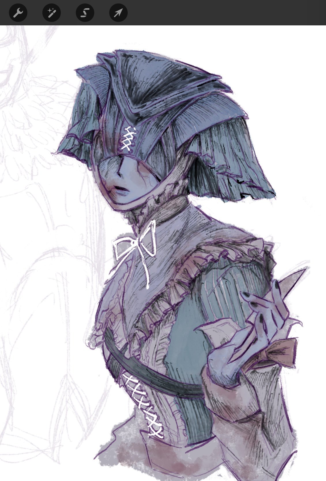 1girl, baldur's_gate, baldur's_gate_3, black_mask, blood, closed_mouth, dark_skin, dungeons_and_dragons, highres, mask, mask_on_head, simple_background, sister_lidwin, sketch, solo, tagme, white_background, zoe0701