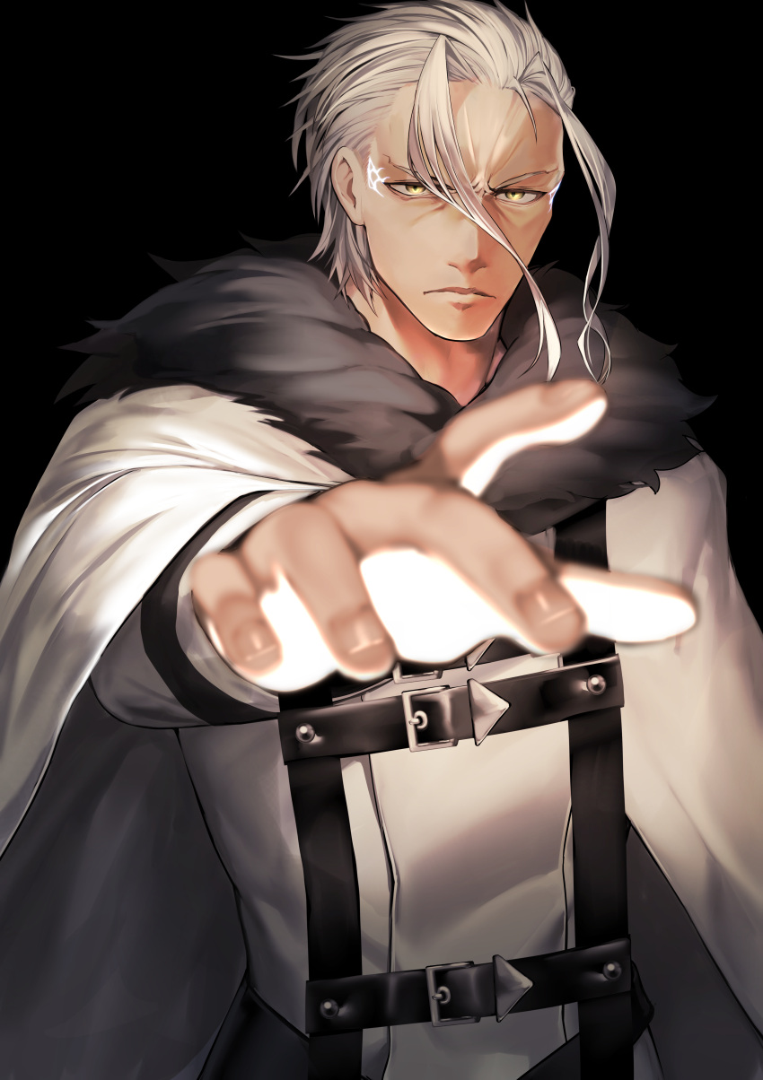 1boy, absurdres, black_background, closed_mouth, coat, commission, fur-trimmed_coat, fur_trim