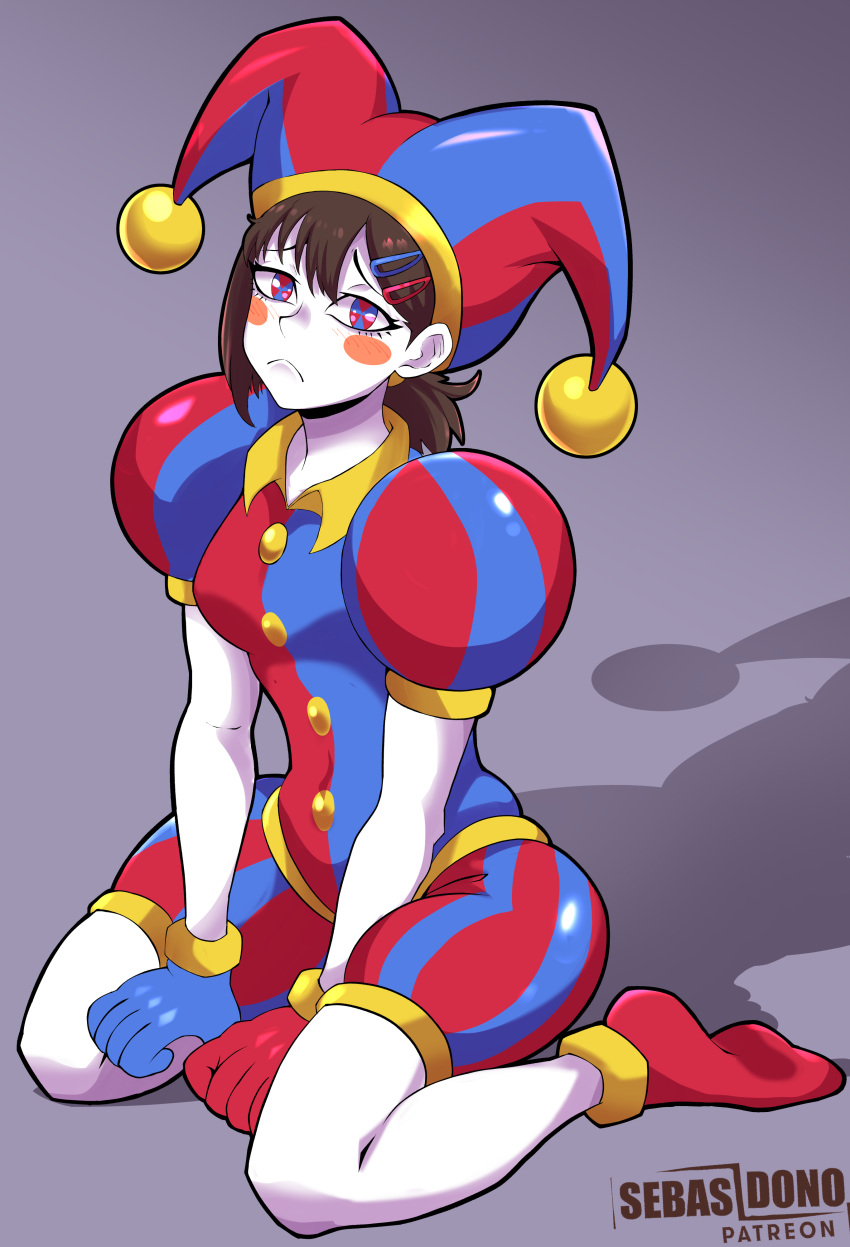 1girl, absurdres, asymmetrical_gloves, blue_gloves, blush_stickers, bodypaint, breasts, brown_hair