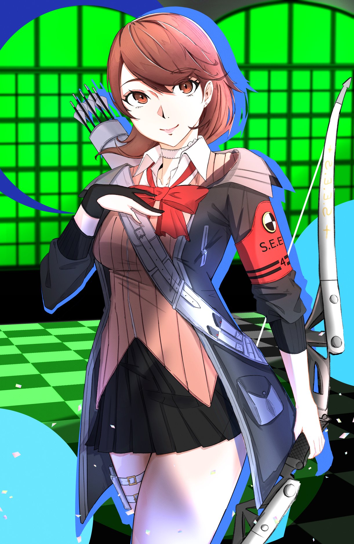 1girl, arrow_(projectile), black_gloves, black_jacket, black_skirt, bow, bow_(weapon), bowtie, breasts, brown_eyes, brown_hair, cardigan, choker, closed_mouth, collarbone, collared_shirt, commentary, cowboy_shot, earrings, gekkoukan_high_school_uniform, gloves, gun, hand_on_own_chest, hand_up, highres, holding, holding_bow_(weapon), holding_weapon, jacket, jewelry, medium_breasts, miniskirt, nyuusai, open_clothes, open_jacket, persona, persona_3, persona_3_reload, pink_cardigan, pleated_skirt, red_bow, red_bowtie, school_uniform, shirt, short_hair, single_glove, skirt, smile, solo, stud_earrings, takeba_yukari, thigh_strap, weapon, white_choker, white_shirt