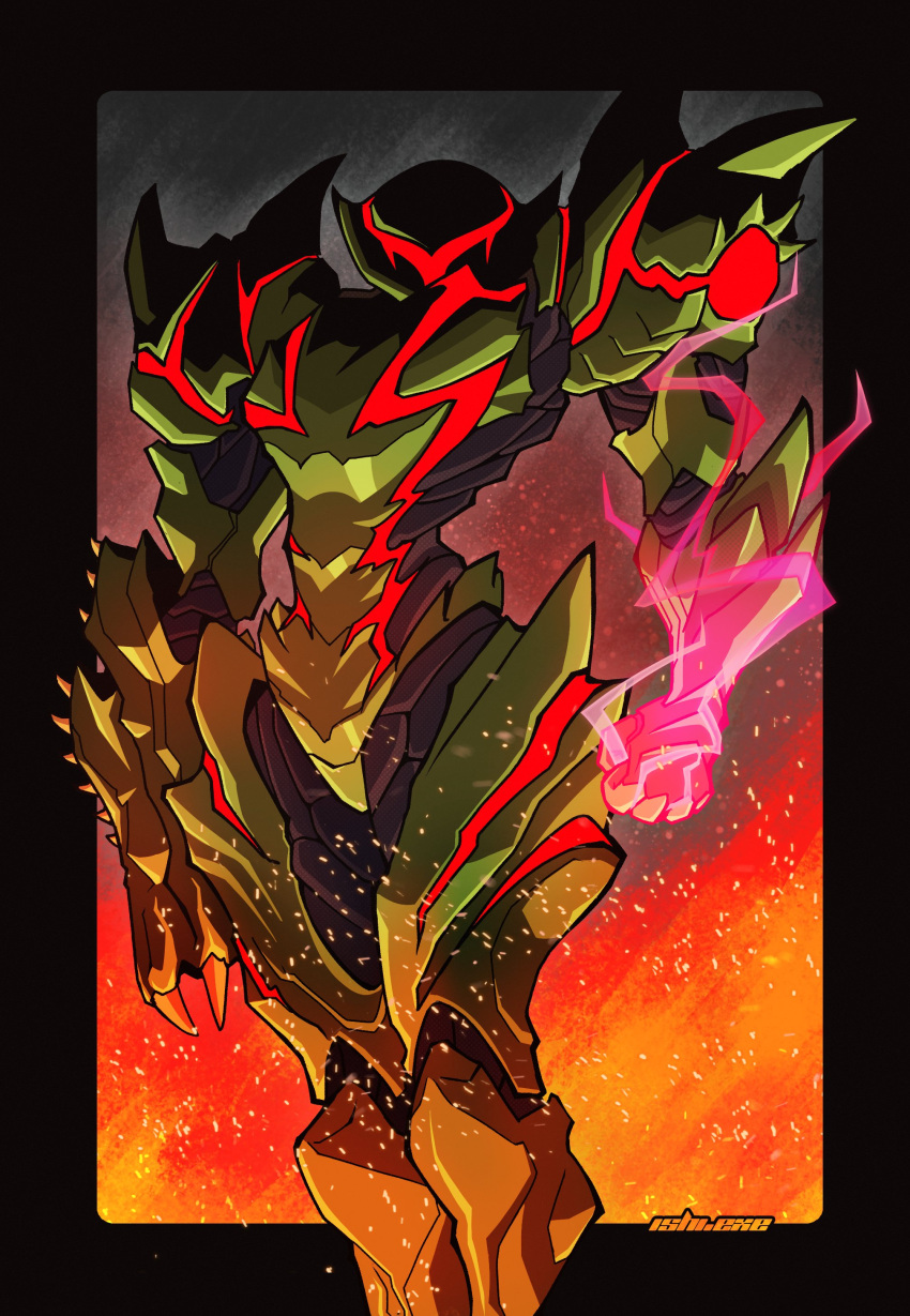 1girl, absurdres, arm_cannon, black_border, border, embers, glowing, glowing_hand, helmet, highres, ishiexe, looking_at_viewer, metroid, metroid_suit, outside_border, partially_shaded_face, power_suit, samus_aran, shoulder_spikes, solo, spikes, standing, weapon