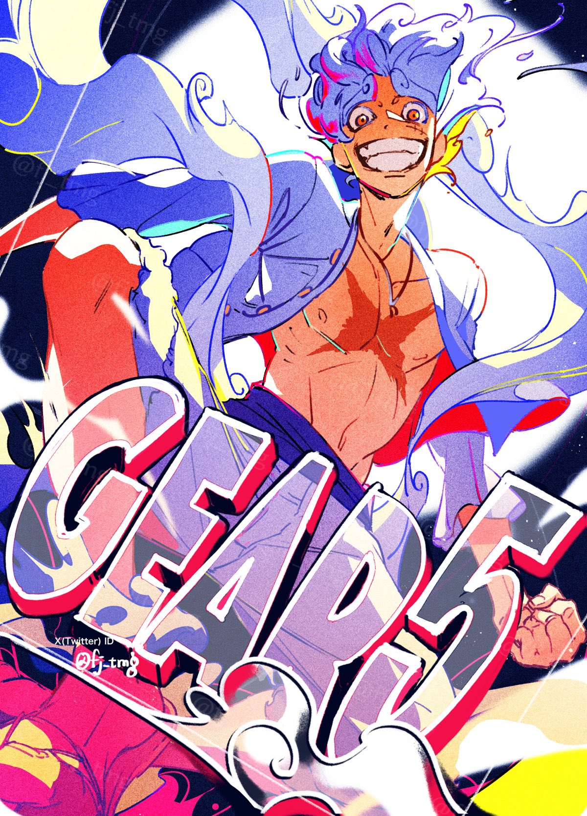 1boy, clenched_hand, commentary, fj_tmg, gear_fifth, highres, looking_at_viewer, male_focus, monkey_d._luffy, moon, night, night_sky, one_piece, purple_sash, sash, scar, scar_on_chest, scar_on_face, shirt, shorts, sky, smile, solo, symbol-only_commentary, thick_eyebrows, white_hair, white_shirt, white_shorts