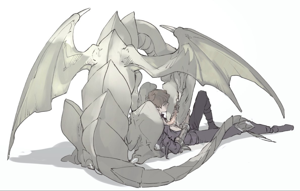 1boy, arm_strap, black_footwear, black_pants, black_shirt, blue-eyes_white_dragon, boots, bracer, brown_hair, claws, closed_eyes, commentary_request, dragon, duel_monster, fangs, full_body, hand_on_another's_head, hand_up, kaiba_seto, knee_boots, leaning_back, leaning_forward, leaning_on_animal, licking, licking_another, lying, male_focus, on_back, open_clothes, open_shirt, pants, petting, poleyn, shadow, shirt, sitting, unio99, white_background, white_wings, wings, yu-gi-oh!, yu-gi-oh!_duel_monsters