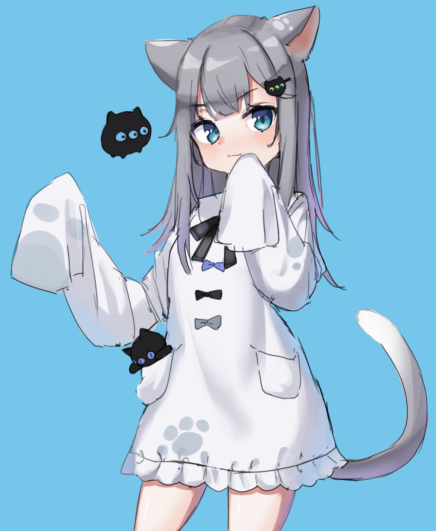 1girl, absurdres, animal_ears, blue_background, blue_eyes, blush, bow, cat_ears