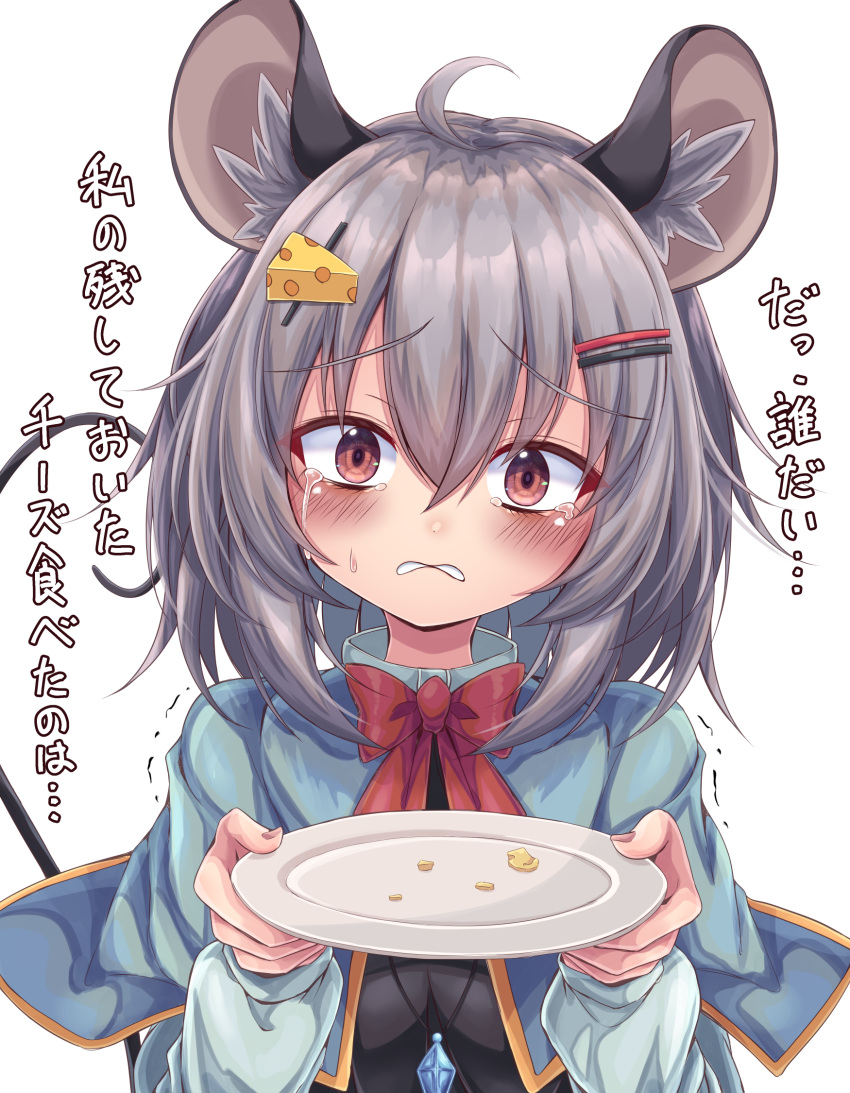 1girl, ahoge, animal_ear_fluff, animal_ears, aqua_capelet, blush, bow, cheese_hair_ornament