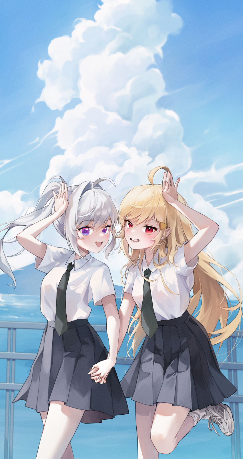 2girls, absurdres, ahoge, black_necktie, blonde_hair, blue_sky, clouds, collared_shirt