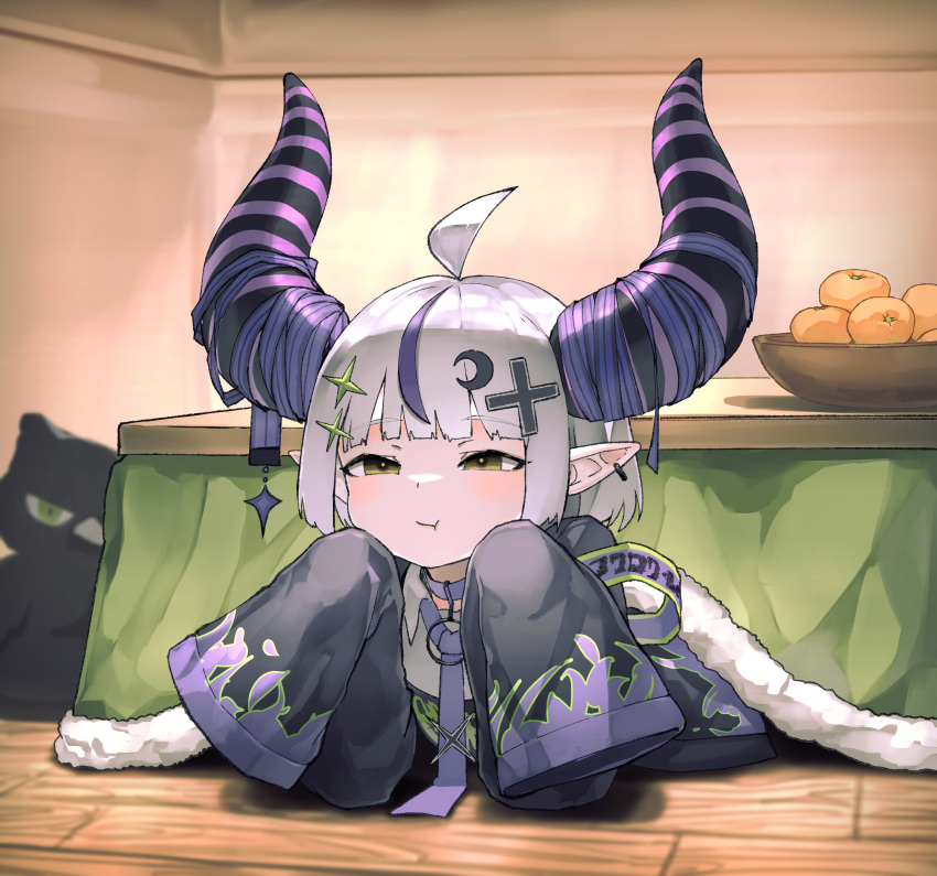 1girl, absurdres, ahoge, alternate_costume, alternate_hairstyle, black_horns, black_jacket, bowl, choker, chumji, collared_shirt, crescent, crescent_hair_ornament, cross_hair_ornament, crow_(la+_darknesss), demon_horns, ear_piercing, flame_print, food, fruit, grey_hair, hair_ornament, highres, hololive, horns, indoors, jacket, kotatsu, la+_darknesss, la+_darknesss_(3rd_costume), mandarin_orange, multicolored_hair, necktie, official_alternate_costume, official_alternate_hairstyle, piercing, pointy_ears, pout, purple_choker, purple_hair, purple_necktie, shirt, short_hair, solo, streaked_hair, striped_horns, table, twintails, under_kotatsu, under_table, virtual_youtuber, white_shirt, yellow_eyes