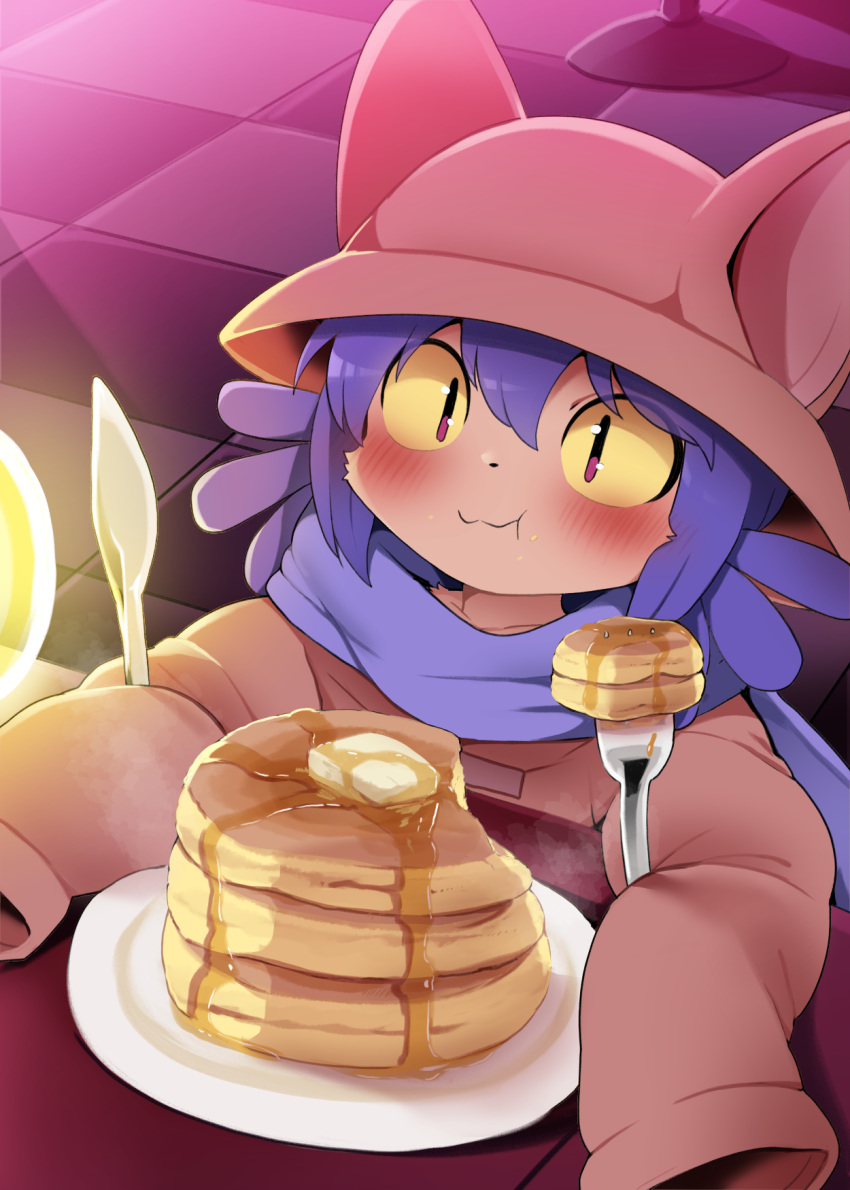 1girl, :3, animal_ear_headwear, blush, brown_headwear, brown_shirt, butter, closed_mouth