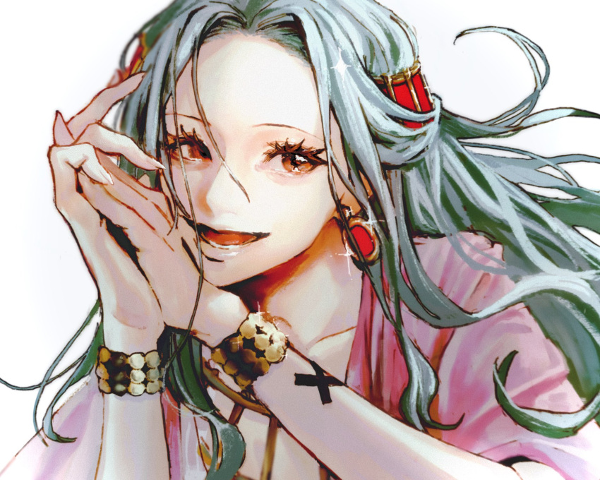 1girl, blue_hair, bracelet, close-up, earrings, floating_hair, hair_ornament, highres