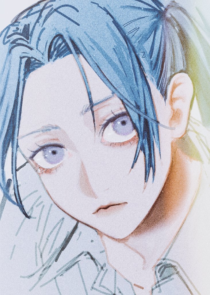 1girl, blue_hair, close-up, closed_mouth, commentary_request, eigoni, looking_up, nefertari_vivi, one_piece, ponytail, shirt, sidelocks, simple_background, white_background