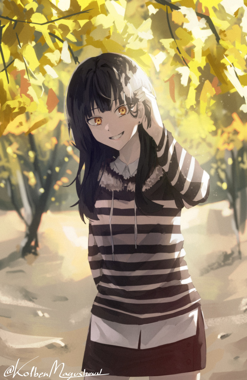 1girl, absurdres, alternate_costume, alternate_hair_color, arm_behind_back, autumn_leaves, black_hair, black_skirt