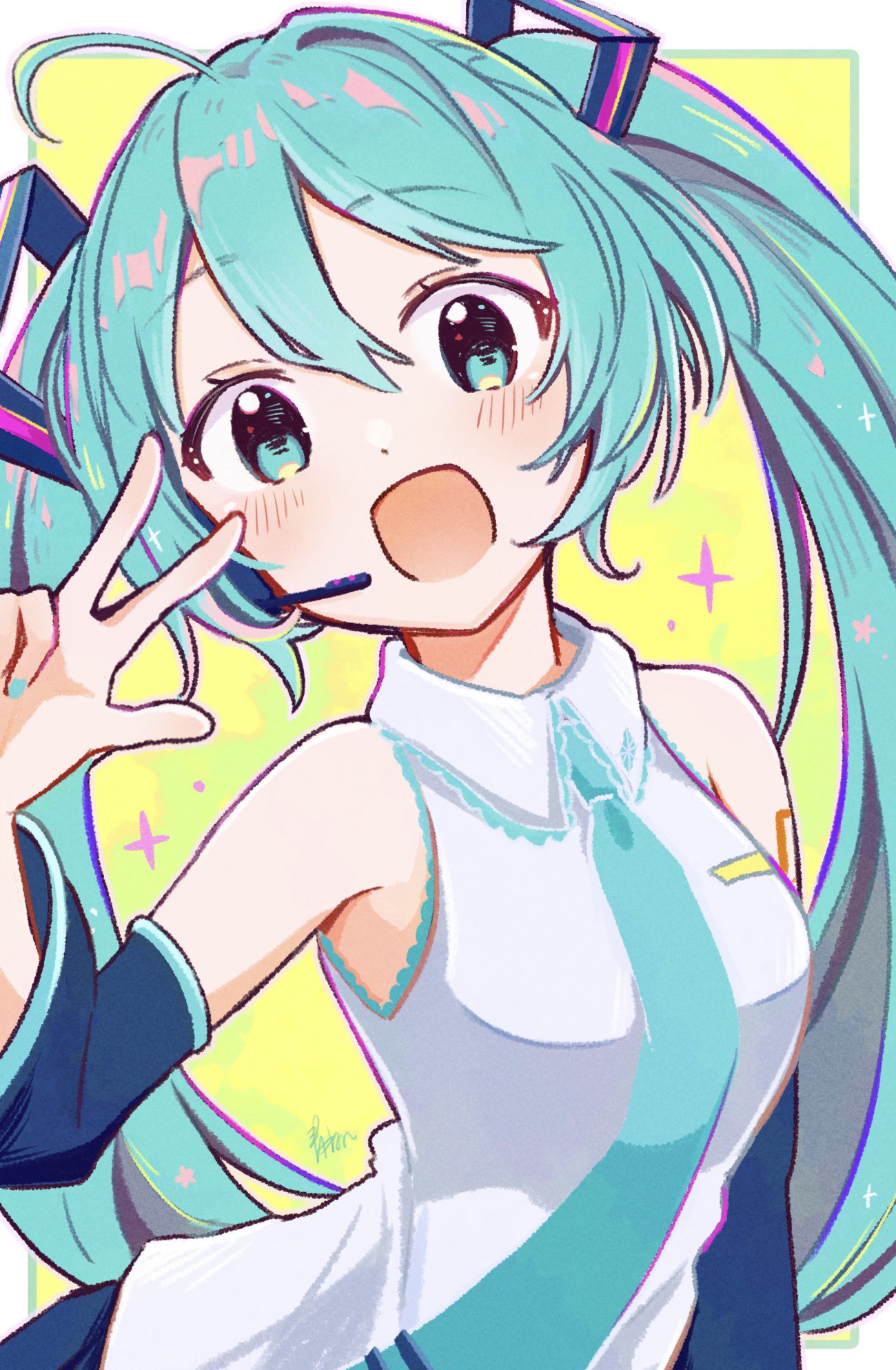 1girl, ahoge, aoiyui, aqua_eyes, aqua_hair, aqua_nails, aqua_necktie, bare_shoulders, black_sleeves, border, commentary_request, detached_sleeves, hair_between_eyes, hatsune_miku, headphones, highres, inset_border, light_blush, looking_at_viewer, necktie, open_mouth, shirt, shoulder_tattoo, sidelocks, smile, solo, sparkle, tattoo, twintails, v, vocaloid, white_border, white_shirt, yellow_background