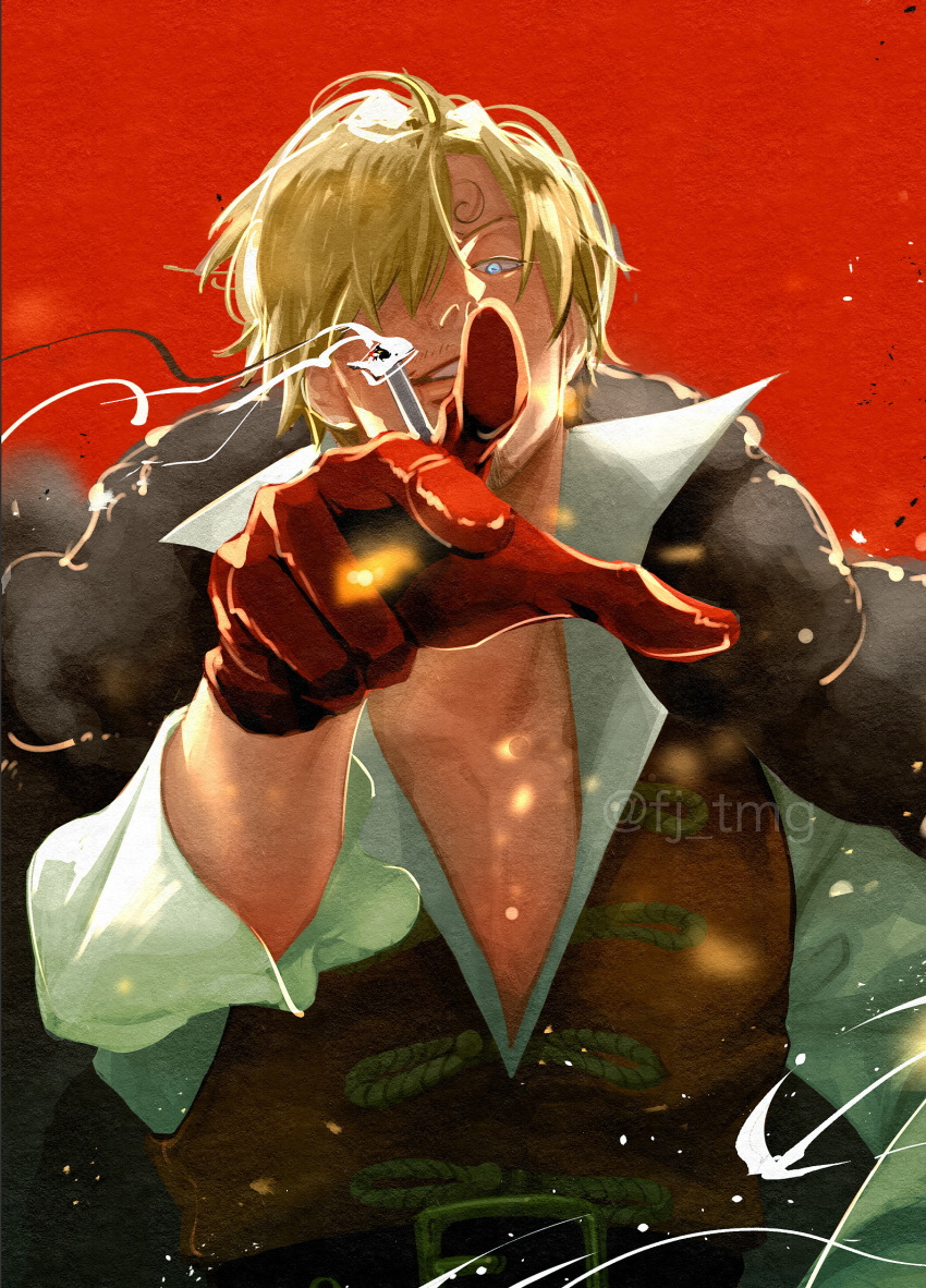 1boy, blonde_hair, blue_eyes, cigarette, coat, collared_shirt, curly_eyebrows, facial_hair