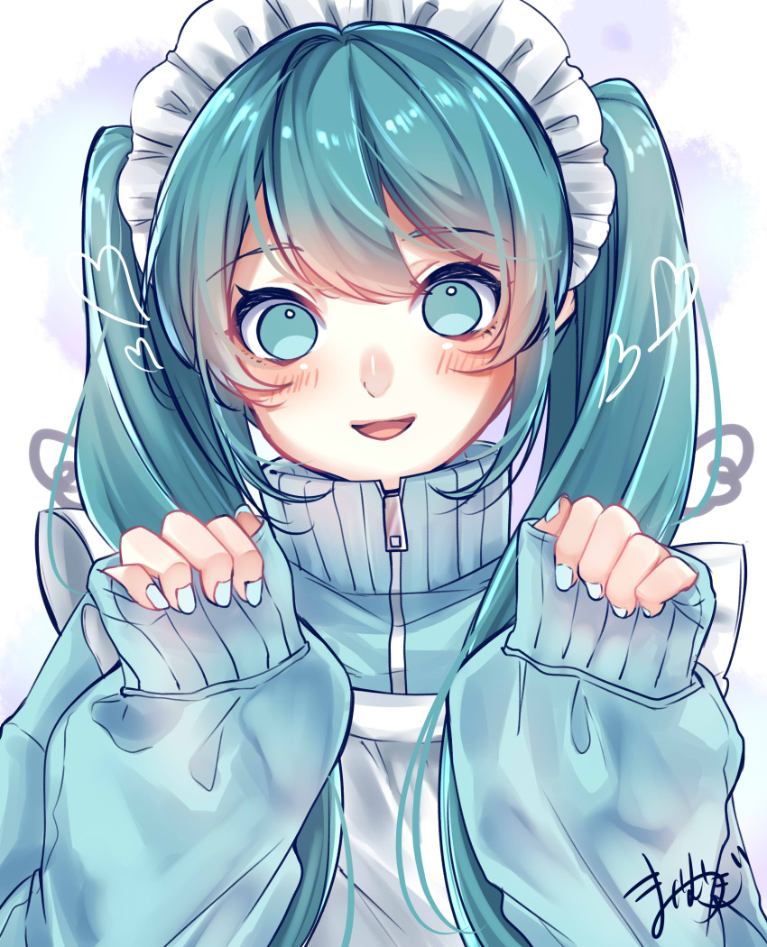 1girl, absurdres, alternate_costume, apron, aqua_eyes, aqua_hair, aqua_jacket, aqua_nails, drawn_heart, drawn_wings, hatsune_miku, headdress, heart, highres, jacket, light_blush, looking_at_viewer, mai_mugi, maid_headdress, open_mouth, paw_pose, signature, smile, solo, track_jacket, track_suit, vocaloid, white_apron, white_background