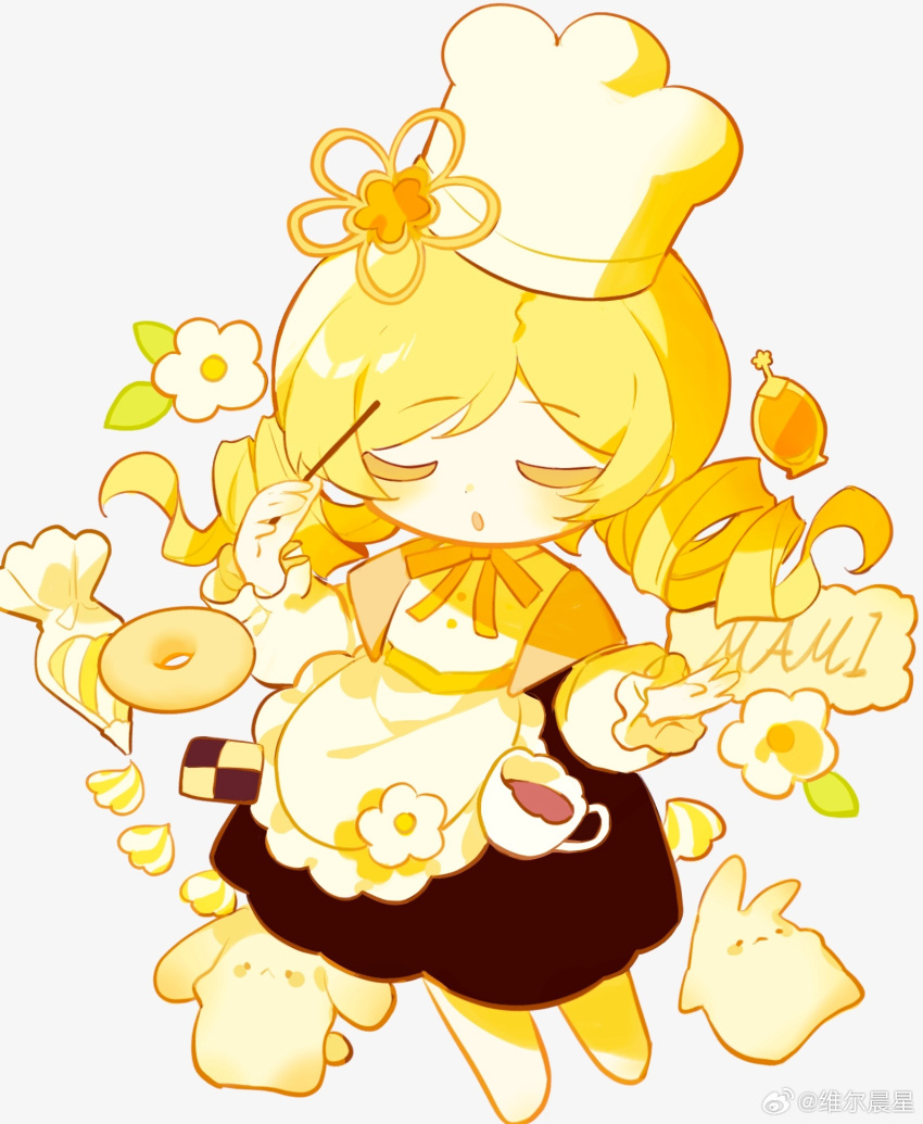 1girl, alternate_costume, animal-themed_food, apron, barefoot, black_skirt, blonde_hair, bow