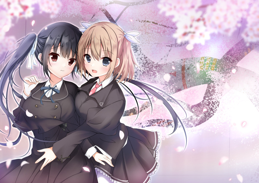 2girls, absurdres, black_capelet, black_hair, black_shirt, black_skirt, blue_eyes, blue_ribbon