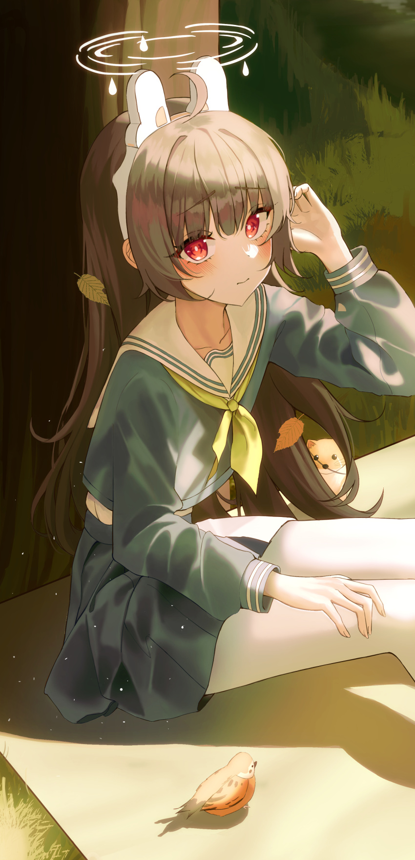 1girl, absurdres, ahoge, animal_ears, bird, black_hair, blue_archive, blue_serafuku