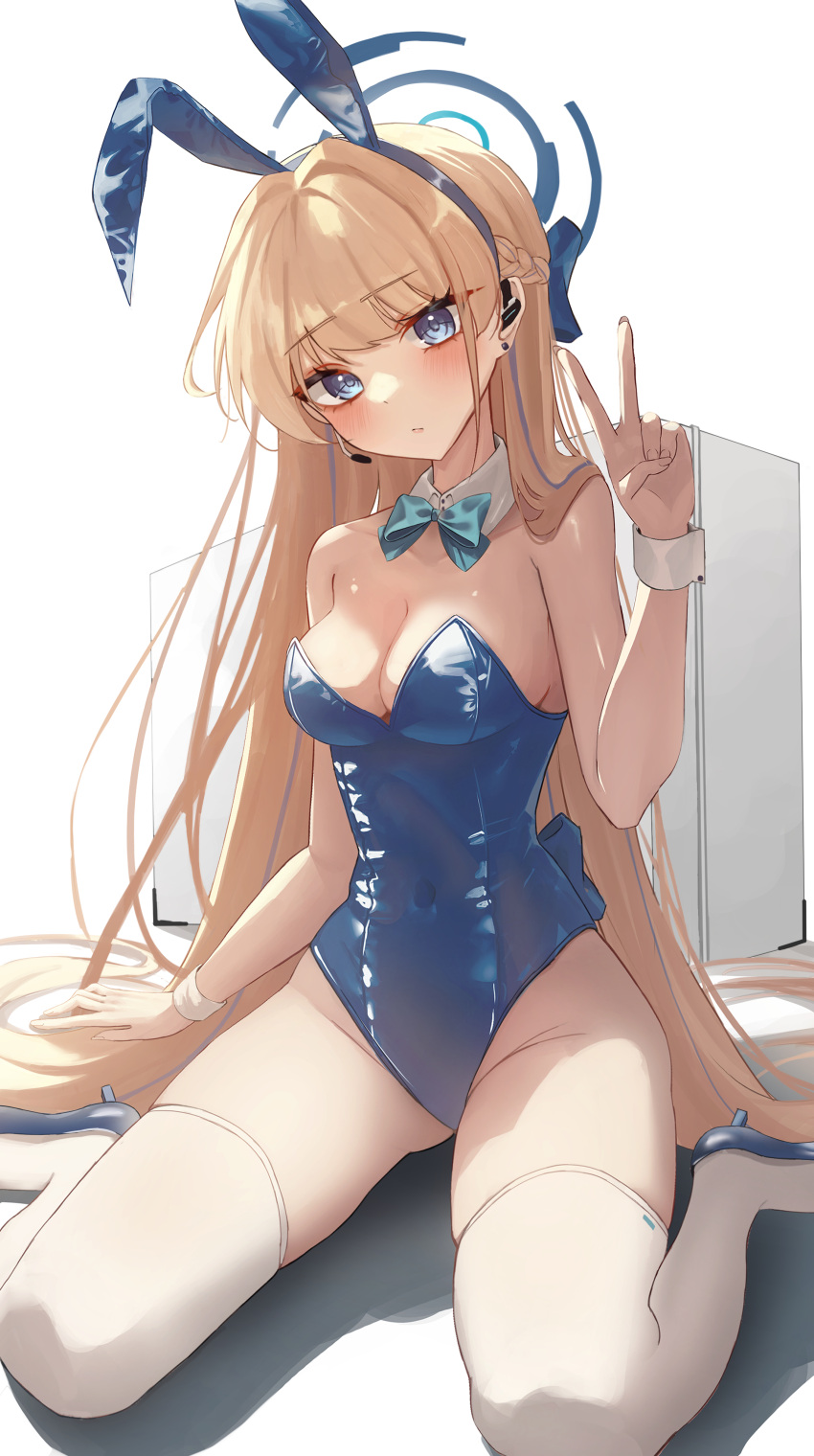 1girl, absurdres, animal_ears, aqua_bow, aqua_bowtie, blue_archive, blue_bow, blue_bowtie, blue_hairband, blue_halo, blue_leotard, blush, bow, bowtie, box, breasts, closed_mouth, covered_navel, detached_collar, earpiece, fake_animal_ears, g_gonor, hairband, halo, high_heels, highleg, highleg_leotard, highres, leotard, long_hair, looking_at_viewer, navel, playboy_bunny, rabbit_ears, simple_background, sitting, solo, solo_focus, strapless, strapless_leotard, thigh-highs, toki_(blue_archive), toki_(bunny)_(blue_archive), v, wariza, white_background, white_wrist_cuffs, wrist_cuffs