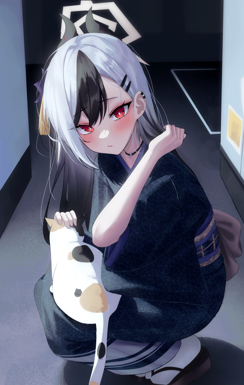 1girl, absurdres, black_hair, black_horns, black_kimono, blue_archive, blush, cat