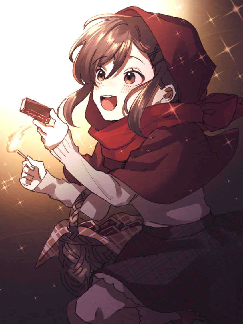 1girl, alternate_costume, basket, black_skirt, brown_background, brown_eyes, brown_footwear, brown_hair