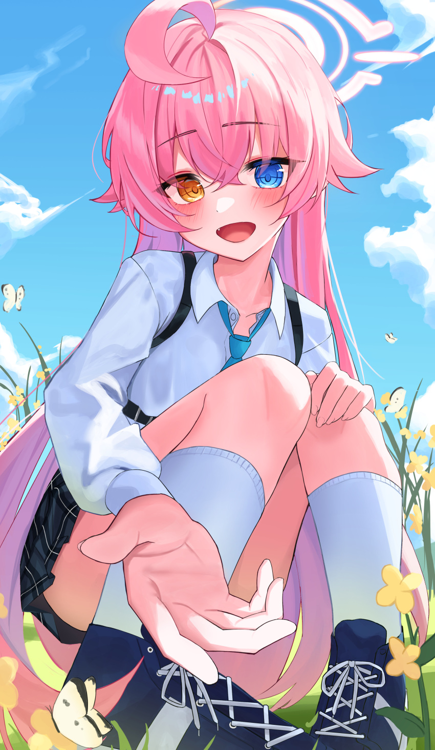1girl, absurdres, ahoge, blue_archive, blue_eyes, blue_footwear, blue_necktie, blue_sky