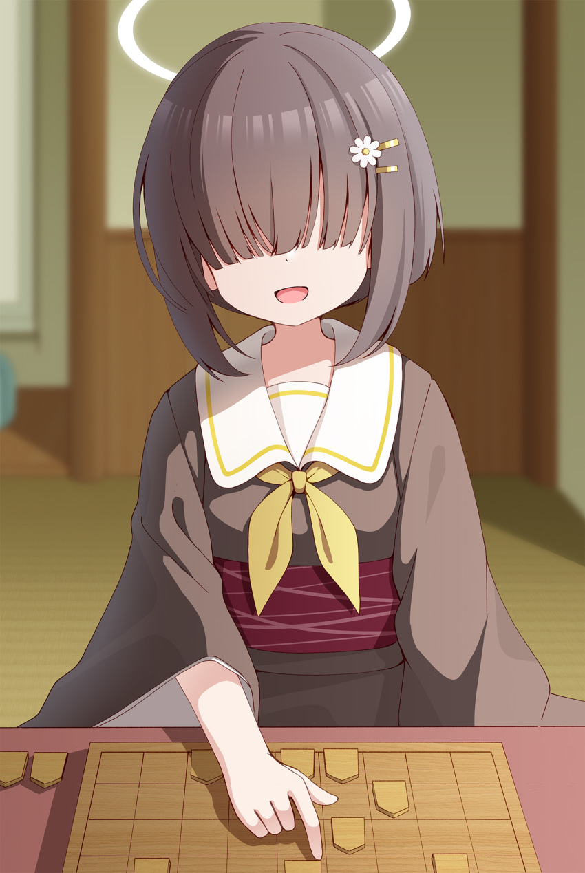:d, architecture, azel_(laevateinn495), blue_archive, blunt_bangs, board_game, bob_cut, brown_hair, brown_kimono, commentary_request, east_asian_architecture, hair_ornament, hair_over_eyes, hairclip, halo, highres, hyakkiyako_alliance_academy_student_(blue_archive), indoors, japanese_clothes, kimono, long_bangs, looking_at_viewer, neckerchief, obi, open_mouth, pov_across_table, sailor_collar, sailor_kimono, sash, shogi, shogi_piece, short_hair, smile, white_sailor_collar, wide_sleeves, yellow_neckerchief