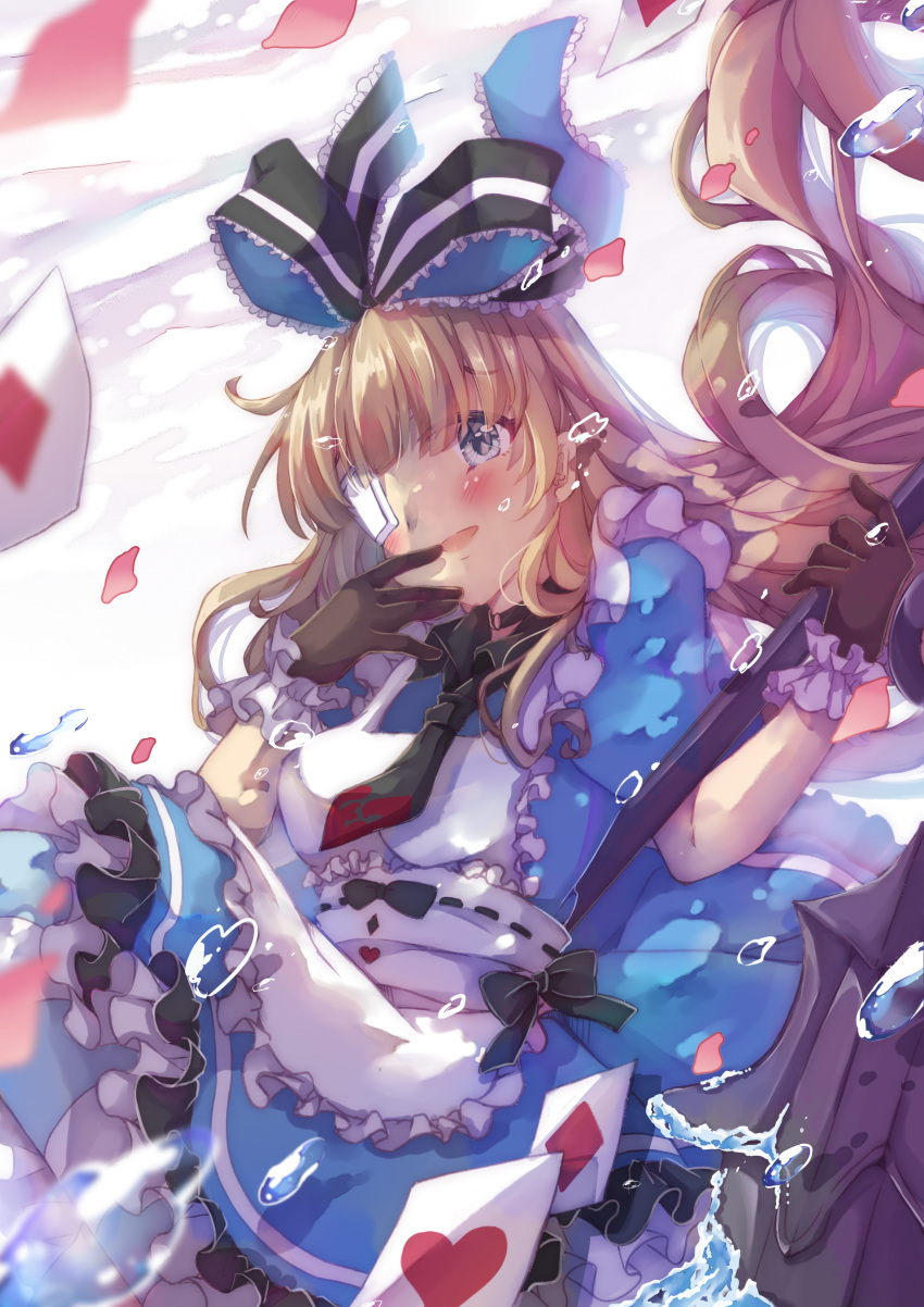 1girl, absurdres, air_bubble, alice_in_wonderland, apron, black_gloves, black_necktie, blonde_hair, blue_dress, blue_eyes, blush_stickers, brown_dust_2, bubble, card, cup, diamond_(shape), dress, eyebrows_hidden_by_hair, eyepatch, flat_chest, frilled_dress, frills, glacia_(brown_dust), gloves, hair_between_eyes, hand_to_own_mouth, heart, highres, holding, holding_flail, holding_weapon, juliet_sleeves, long_hair, long_sleeves, looking_ahead, lucia50072, medical_eyepatch, necktie, open_mouth, petals, puffy_sleeves, scrunchie, smile, solo, teacup, underwater, upper_body, very_long_hair, weapon, white_apron, wrist_scrunchie